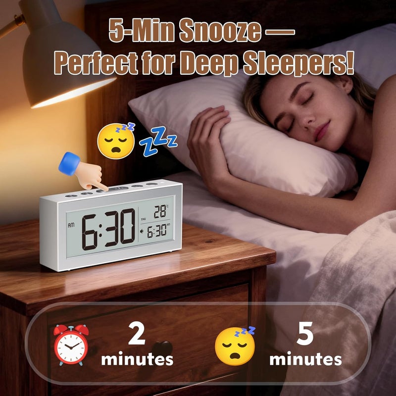 ALANAS Battery Operated Alarm Clock, Portable Digital Clock with Large Display, Snooze, Temperature & Date, Auto-Dim Night Light for Easy Reading, Ideal for Seniors, Kids, Bedroom, Travel, Nightstand - Image 4